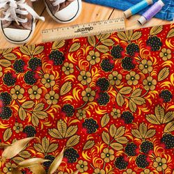 Ткань шифон хохлома с цветами и ягодами на красном ковре