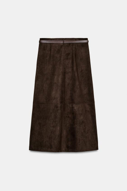 ZARA ЮБКА ИЗ ИСКУССТВЕННОЙ ЗАМШИ С РЕМНЕМ, ШОКОЛАДНО-КОРИЧНЕВЫЙ
