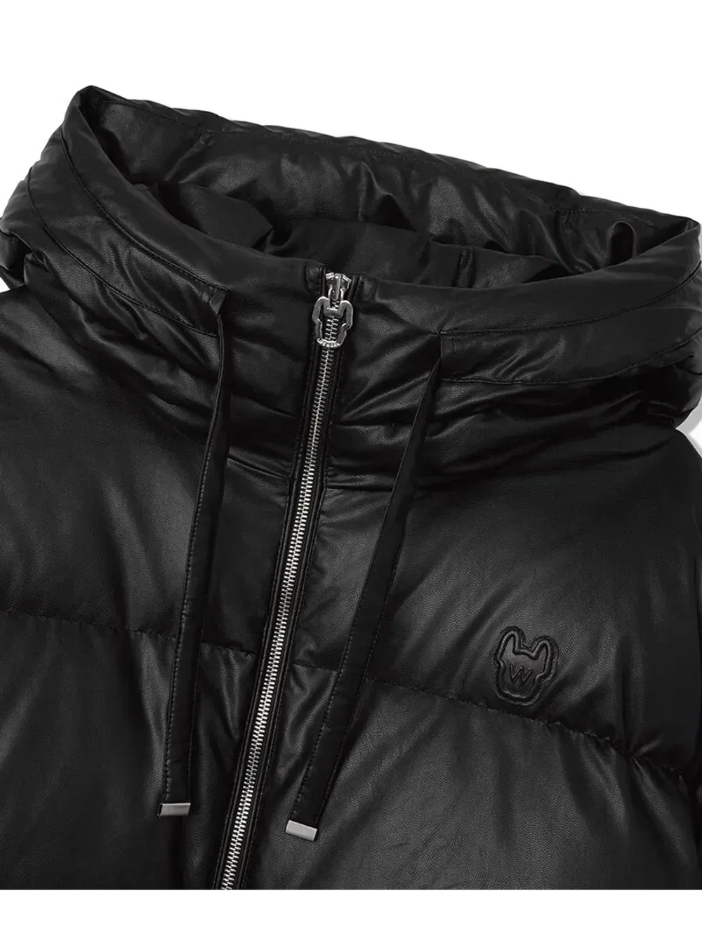 Пуховик из эко-кожи с капюшоном