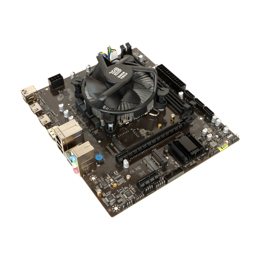 Материнская плата с процессором BaseTech H610M-K, Socket1700, i3-12100, mATX, Retail, Socket1700, Intel UHD Graphics 730, 2xDDR4, PCIe3.0, 2xM.2, GLAN, M.2 WiFi, 6xUSB2, 4xUSB3, 2xHDMI, DP, кулер CPU (BT-H610M-K-12100)