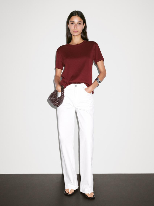 Massimo Dutti Футболка из 100% хлопка с коротким рукавом, малиновый