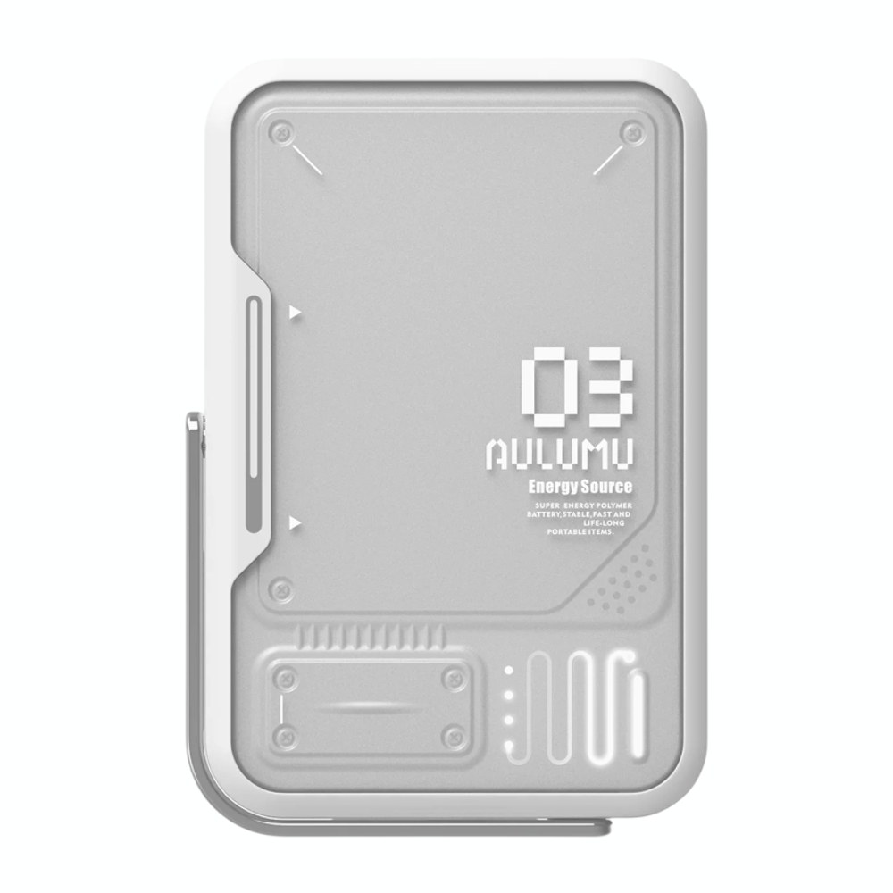 Внешний аккумулятор MagSafe с подставкой Aulumu M03 Battery Pack (3500 мА·ч) Внешний аккумулятор в футуристическом стиле | Беспроводная зарядка: Qi 5 Вт. Проводная зарядка: нет. Есть LED-индикация. Энергоёмкость — 12,95 Вт·ч