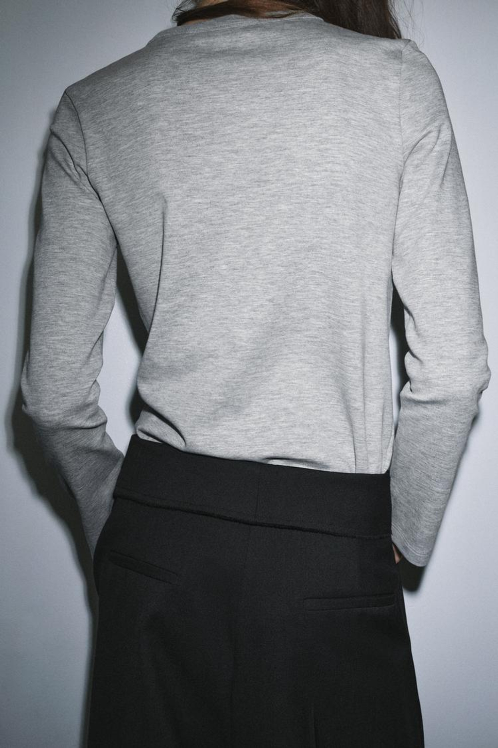 ZARA ФУТБОЛКА INTERLOCK С ДЛИННЫМИ РУКАВАМИ, СЕРЫЙ МЕЛАНЖ