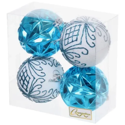 Новогодние шары 7 см (набор 4 шт) «Симфония леса», голубой/белый