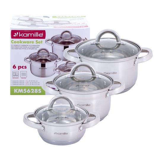 Набор кастрюль 6 предметов Kamille KM 5628S (1 л; 1,8 л; 2,5 л.) из нержавеющей стали