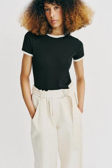 ZARA ФУТБОЛКА С КОРОТКИМИ РУКАВАМИ И КРУЖЕВОМ, ЧЕРНЫЙ/БЕЛЫЙ
