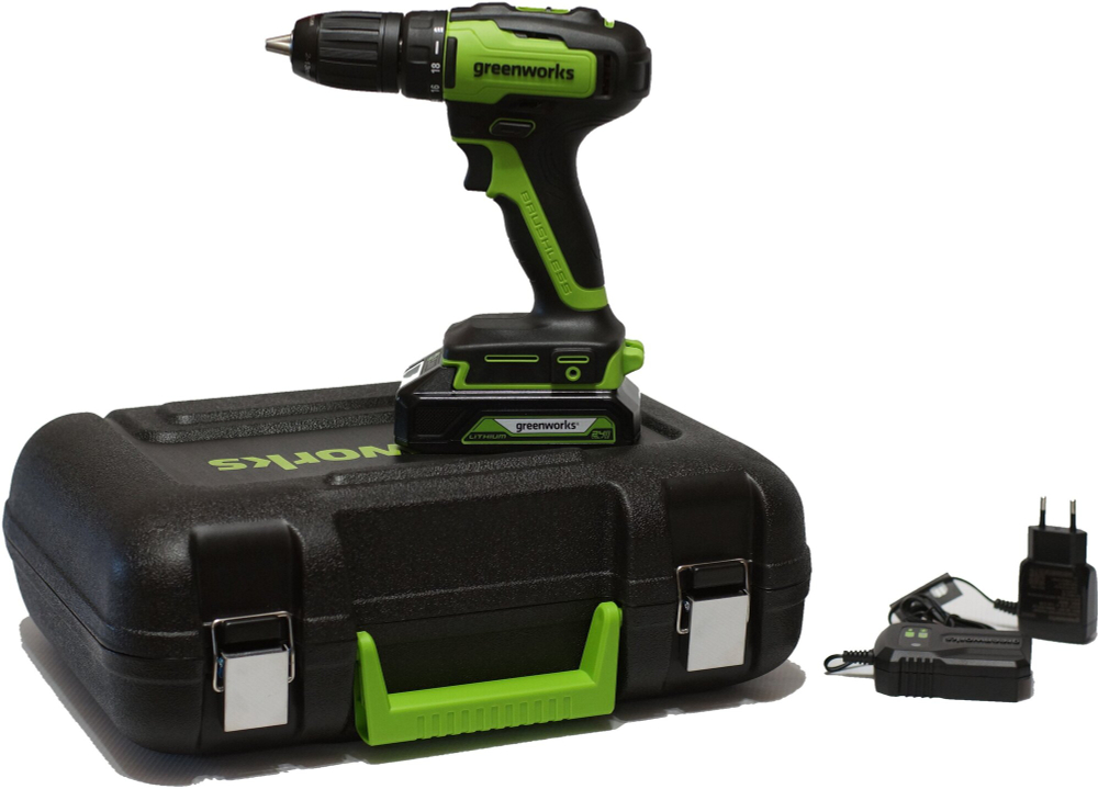 Дрель-шуруповерт аккумуляторная Greenworks Арт. 3704007UA, 24V, c 1хАКБ 2 Ач и ЗУ в кейсе