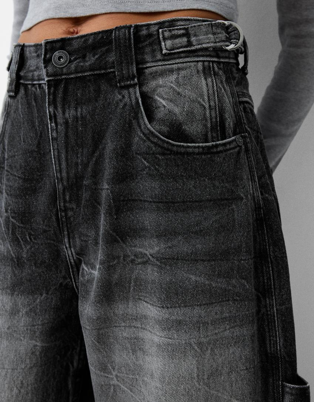 BERSHKA ДЖИНСЫ BALLOON FIT, ЧЕРНЫЙ