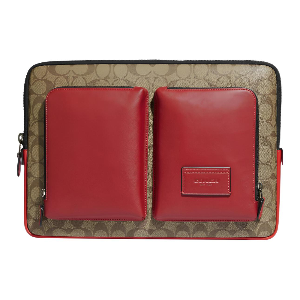COACH Coated Canvas With Calfskin Laptop Bag Large Men"s Khaki & Red