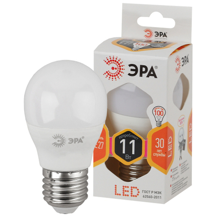 Лампочка светодиодная ЭРА STD LED P45-11W-827-E27 E27 / Е27 11Вт шар теплый белый свет