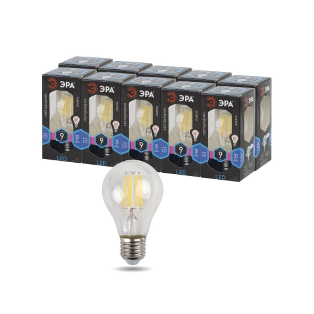 Лампа светодиодная ЭРА F-LED A60-9W-840-E27 9Вт филамент груша нейтральный белый свет E27 | Филаментные декоративные