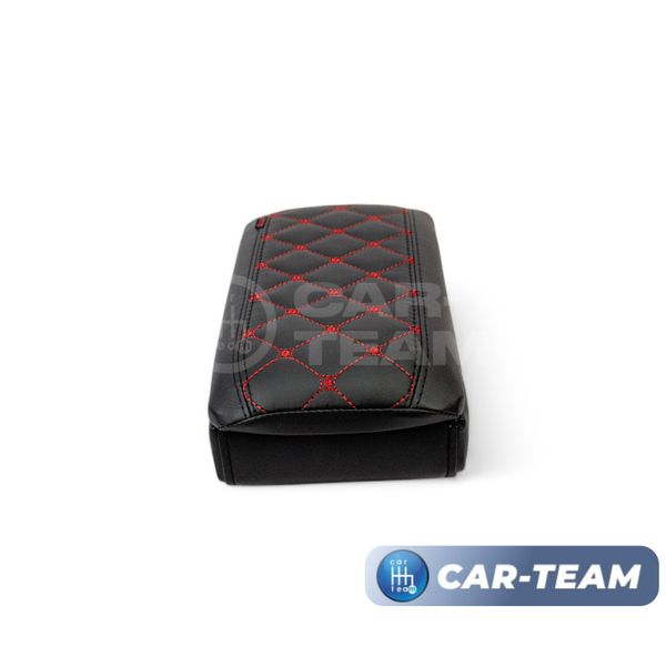 Подлокотник с боксом Hyundai Solaris (с 2010-2017 г.в) Kia Rio 3 (2011-2017г.в.) из экокожи с узором - красный ромбик, (без регулировки сиденья по высоте), "Аламар"