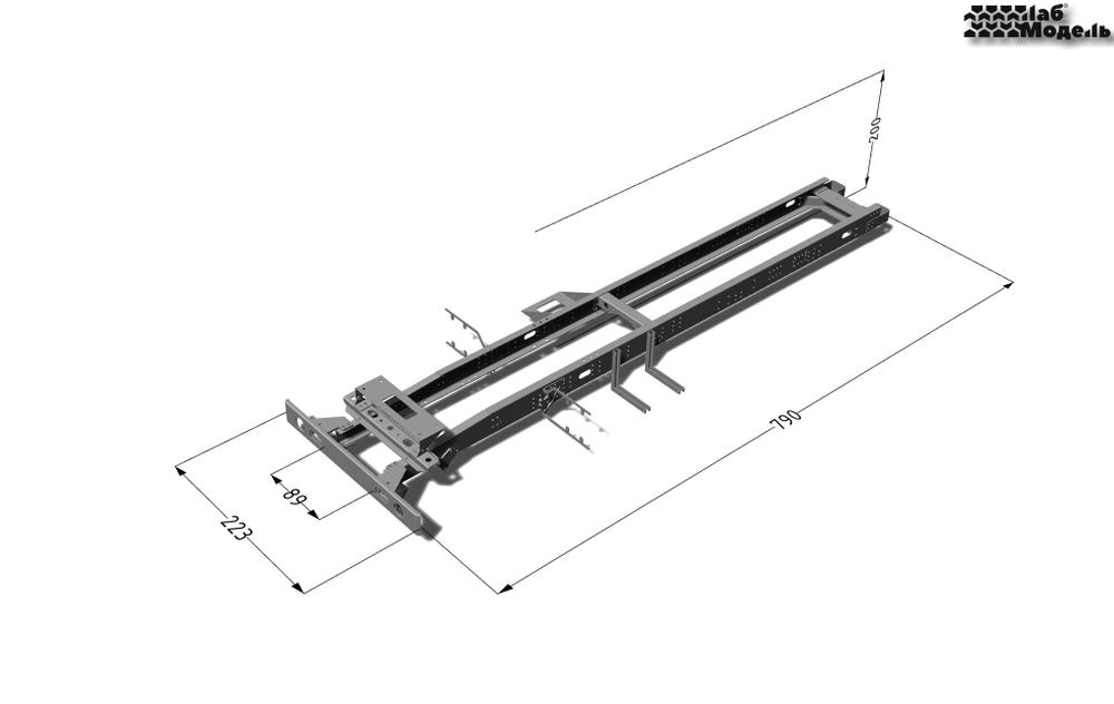 Steel long frame for truck with 6x6 wheel formula in 1:10 scale