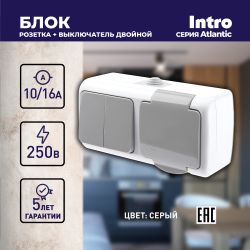 Блок розетка с выключателем Intro Atlantic 5-702-03 двойным 2P+E, 10А-250В, открытой установки, IP54, серый