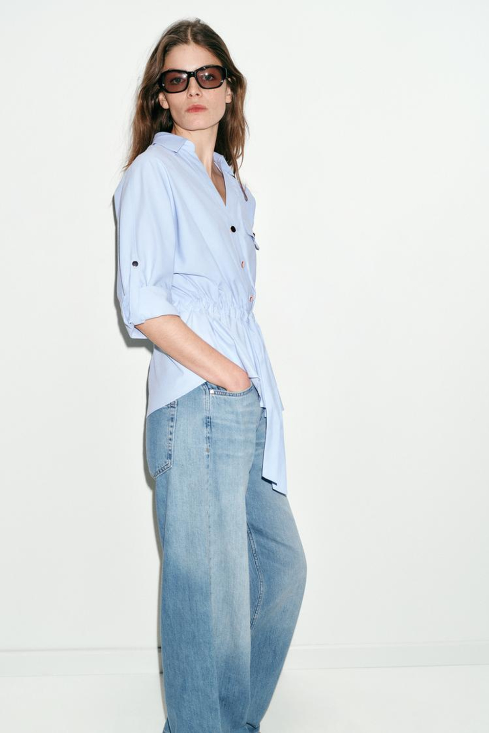 ZARA РУБАШКА-САФАРИ ИЗ ПОПЛИНА, ГОЛУБОЙ