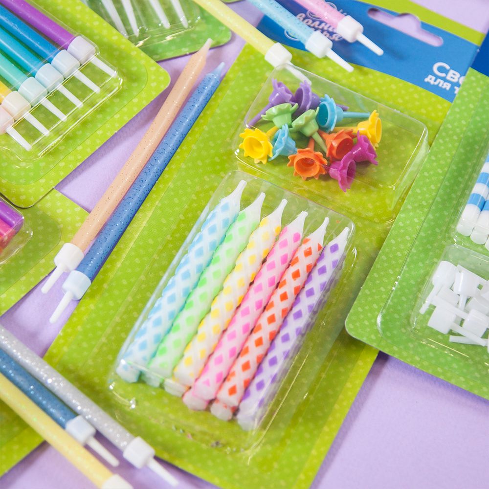 Свечи Ромбики, Ассорти, 0,7*8 см, 12 шт. с держат.