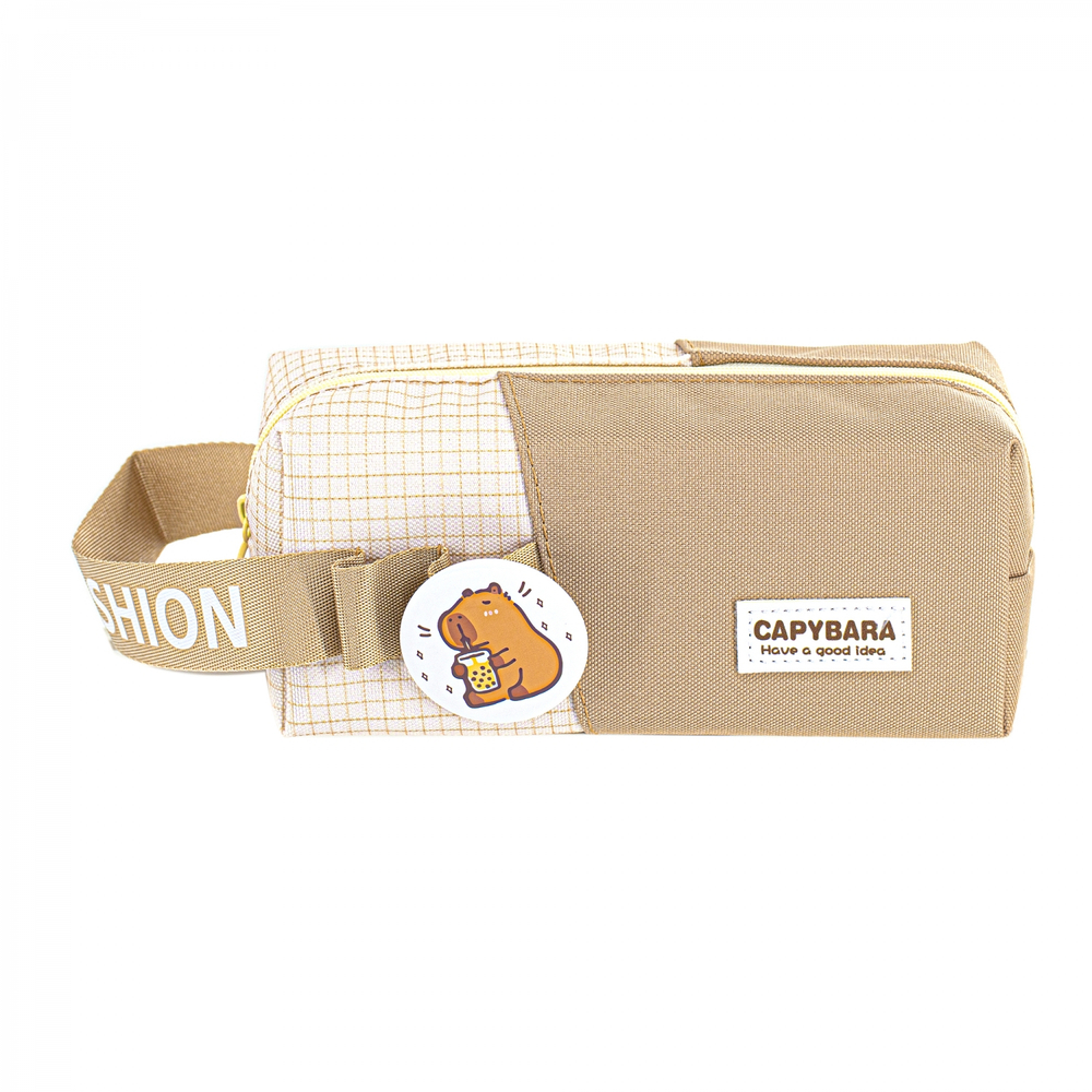 Пенал - косметичка Alingar, ткань, молния, значок, петля, 190 х 70 х 60 мм, "Capybara. Have a good idea", микс (коричн, беж, св-корич), европодвес