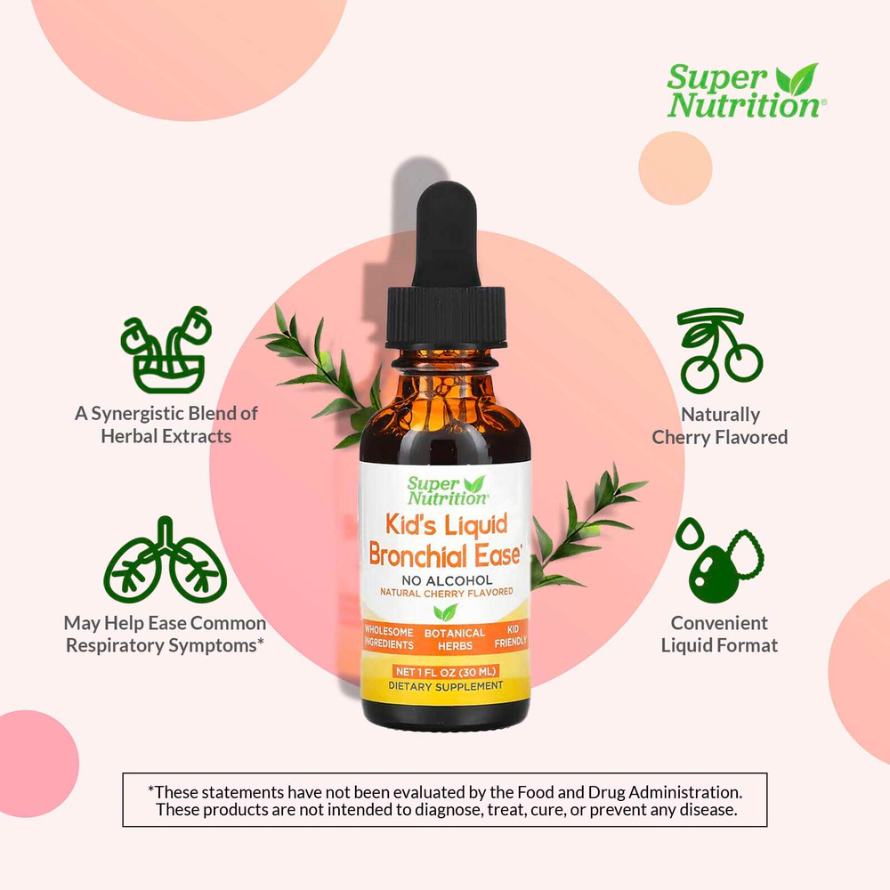 Super Nutrition, Bronchial Ease, детская жидкая добавка для здоровья бронхов, с корнем любистка, свежими листьями йерба санта, корнем солодки и листьями коровяка, без спирта, вишня, 30 мл (1 жидк. унция)