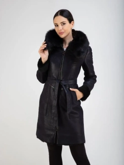 Дубленка женская натуральная с капюшоном длинная Турция