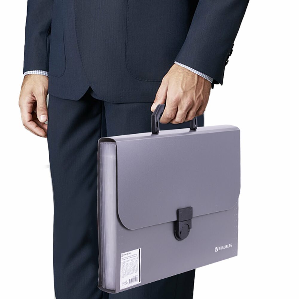 Папка-портфель пластиковая BRAUBERG "ПРОЕКТ", А4 (330х240х35 мм), 13 отделений, серый, РОССИЯ, 226027