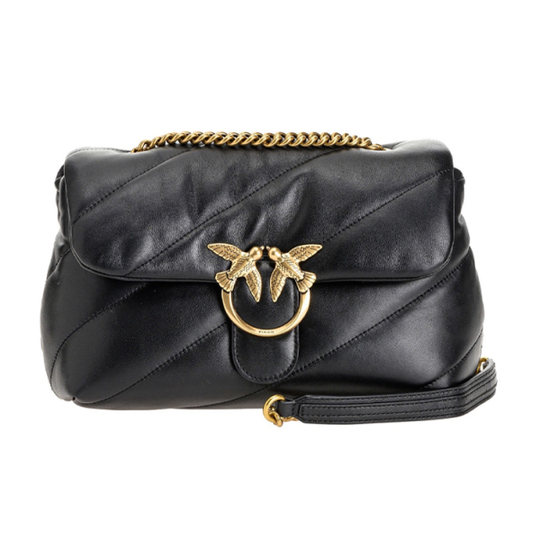 Сумка Pinko Puff Gold Buckle Bird Swallow Logo Chain Shoulder Strap Quilted Sheepskin Pillow Bag Shoulder Messenger Bag Large Women's Black Gold, 1P227J-Y6Y3-Z99