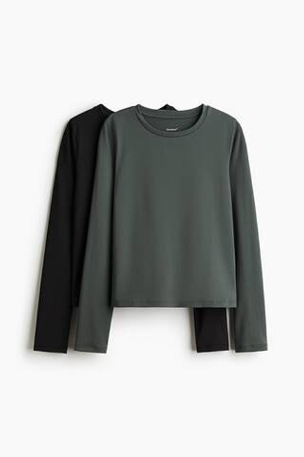H&M Комплект из двух спортивных футболок с длинными рукавами, темно-зеленый/черный