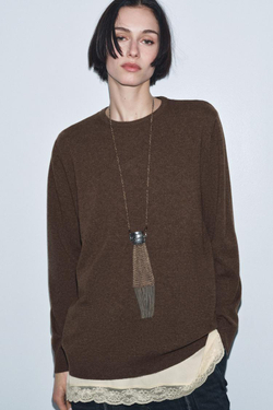 ZARA КОМБИНИРОВАННЫЙ СВИТЕР ИЗ ШЕРСТИ, ТЕМНЫЙ СЕРО-КОРИЧНЕВЫЙ