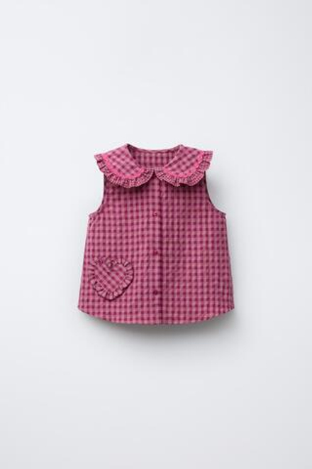 ZARA БЛУЗКА В КЛЕТКУ ВИШИ С ВОЛАНАМИ, ЦВЕТ ФУКСИИ