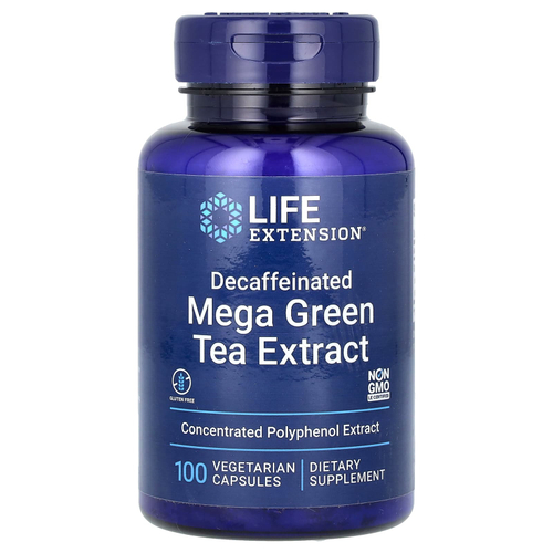 Life Extension, Mega Green Tea Extract, экстракт зелёного чая, без кофеина, 100 вегетарианских капсул (725 мг в 1 капсуле)