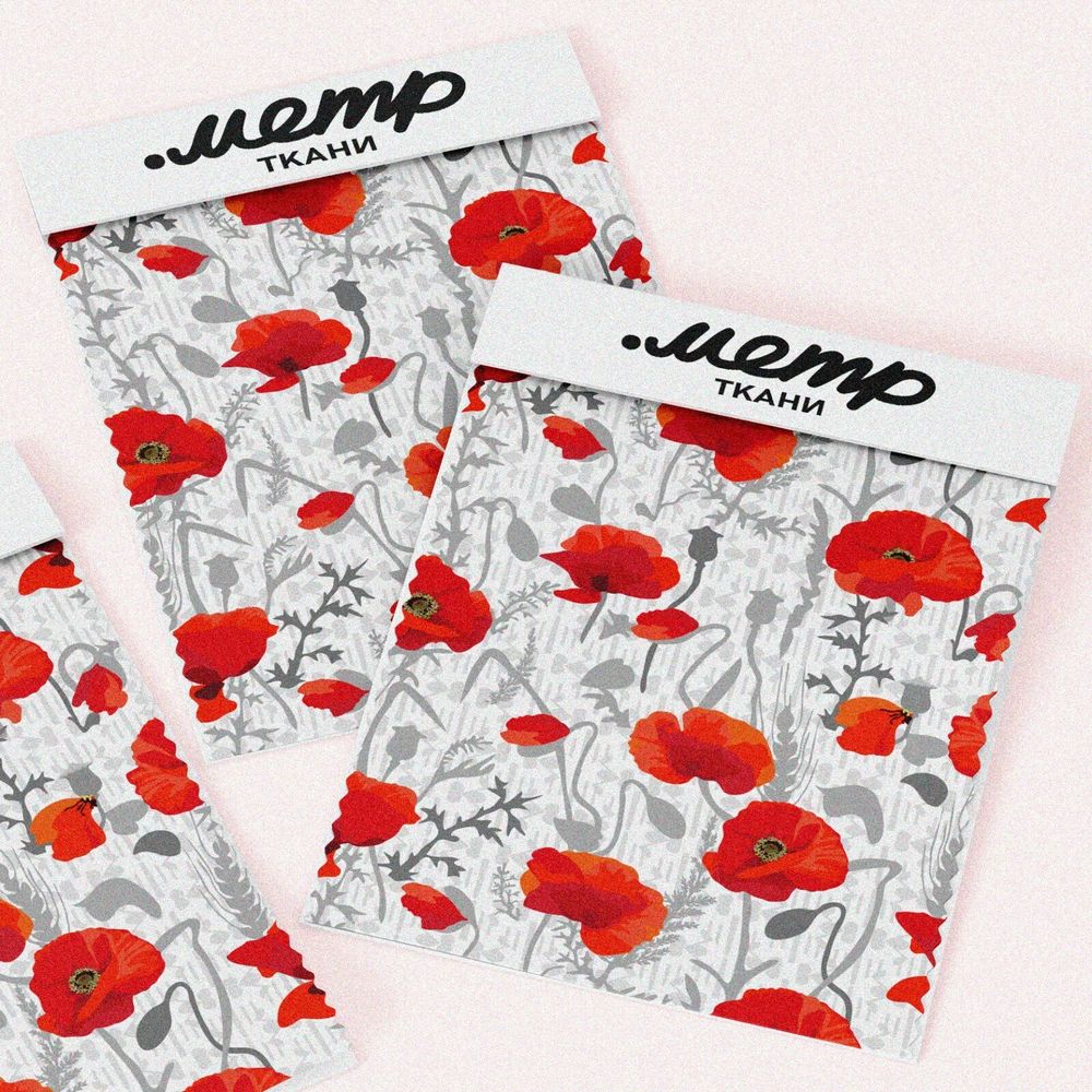 Ткань интерлок красные маки и серые стебли