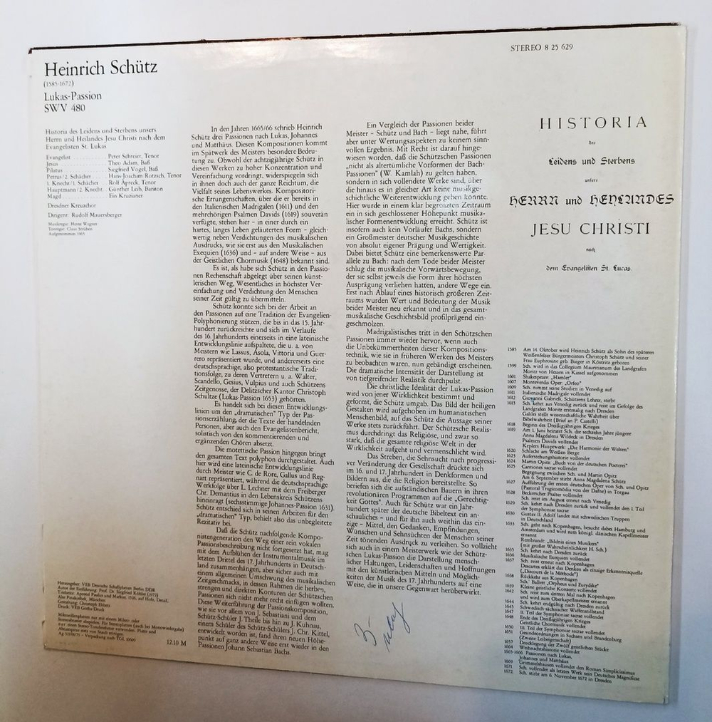 Винтажная виниловая пластинка LP Генрих Шютц Schuetz Dresdner Kreuzchor, Rudolf Mauersberger Lukas Passion (ГДР 1972)
