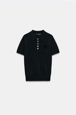 ZARA ТРИКОТАЖНОЕ ПОЛО С КОРОТКИМИ РУКАВАМИ, ЧЕРНЫЙ