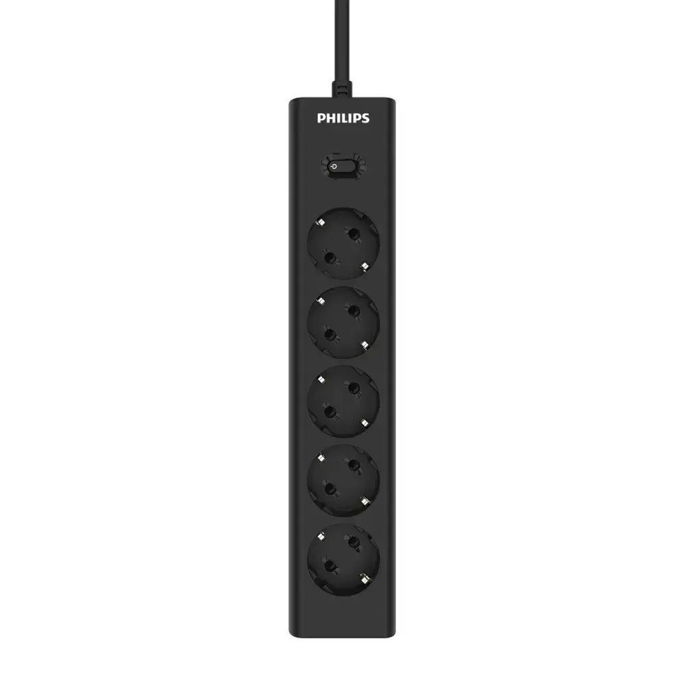 Сетевой фильтр удлинитель Philips CHP2155BB/51 с пятью стандартными розетками EU, с заземлением и защитой от перегрузок, 3 м, черный