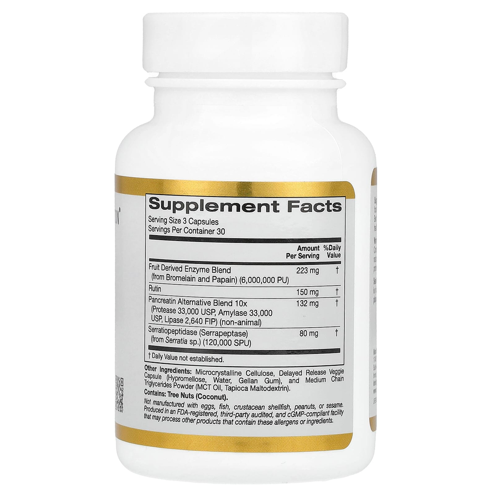 California Gold Nutrition, протеолитические ферменты со смесью фруктовых ферментов, рутином, альтернативной смесью панкреатина и серратиопептидазой, 90 растительных капсул с отсроченным высвобождением