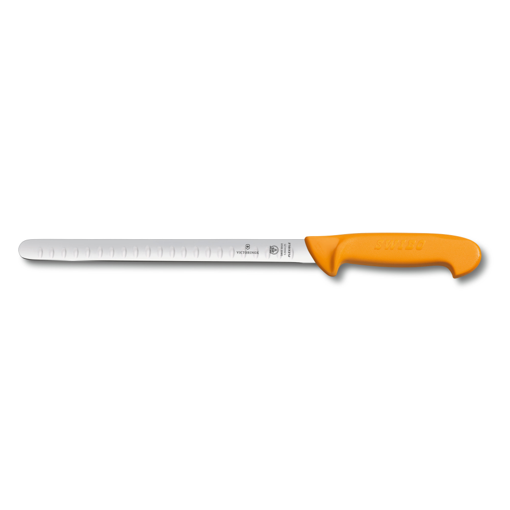 Фото нож для нарезки лосося VICTORINOX Swibo гибкое лезвие из нержавеющей стали 25 см с желобками и закруглённым кончиком рукоять из пластика жёлтого цвета с гарантией