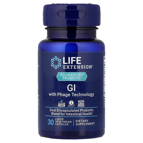 Life Extension, Florassist, пробиотик для ЖКТ с фаговой технологией, 30 вегетарианских капсул с жидкостью