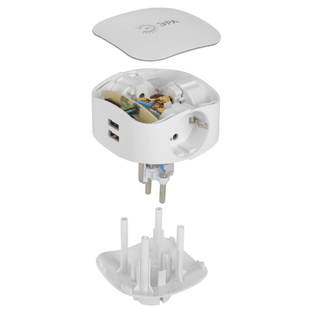 Разветвитель электрический ЭРА SP-3e-USB-2A на 3 розетки + 2 USB с заземлением со шторками 16А белый | Удлинители и сетевые фильтры