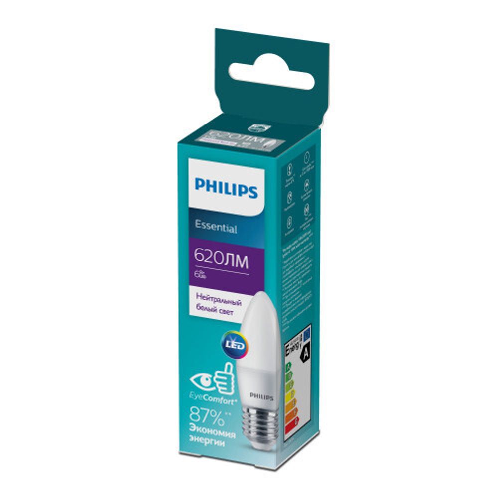 Лампочка светодиодная Philips ESS LEDCandle B35 6Вт 4000K Е27 / E27 свеча матовая нейтральный белый свет | Philips