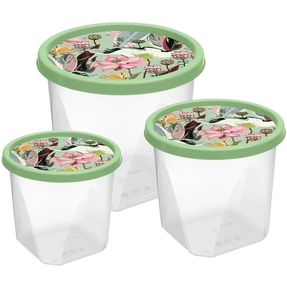 Комплект контейнеров для продуктов круглых 3 шт. (0,6л+1л+1,75л) с декором (зеленый)