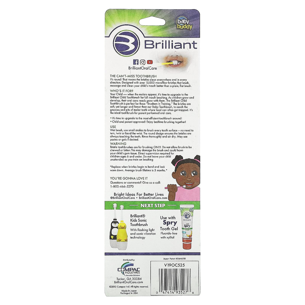 Baby Buddy, Brilliant, детская зубная щетка, для детей 2–5 лет, розовый, желтый, фиолетовый, 3 шт.