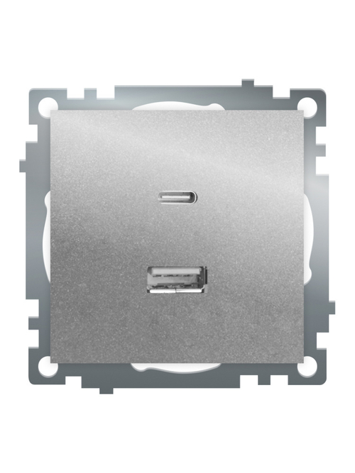 Розетка 2-местная USB + type C (механизм)), STEKKER GLS10-7116-03 , 250B, 3А, max 20W, серия Катрин, серебро 50054