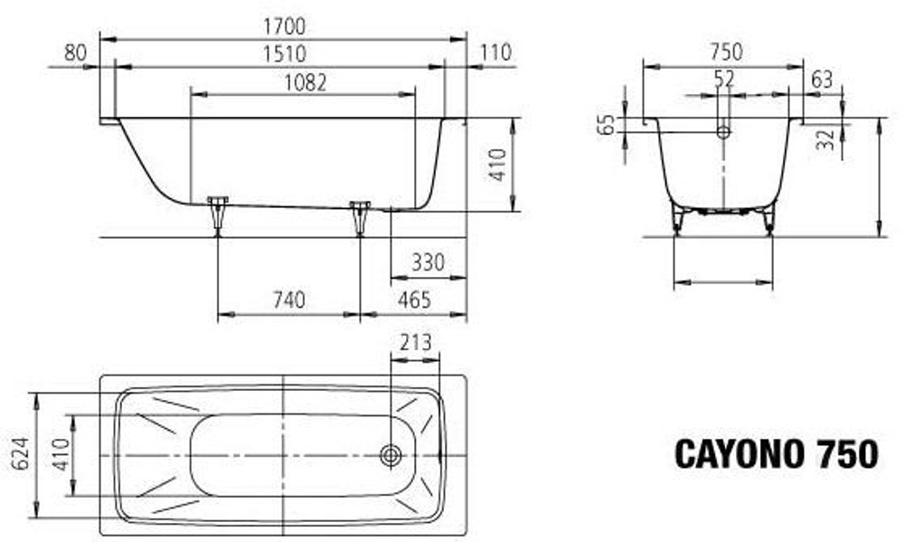 Стальная ванна 170х75 Kaldewei Cayono 750 275000010001