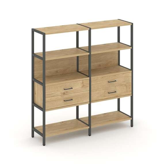 Shelf System Двухсекционный стеллаж четырехярусный с ящиками SN.STM-422 Тиквуд Светлый/Металл Антрац