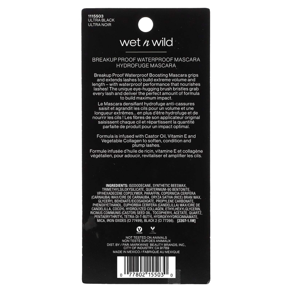 wet n wild, Breakup Proof, водостойкая тушь для ресниц, 1115503 ультра черный, 8 мл (0,27 жидк. унц.)