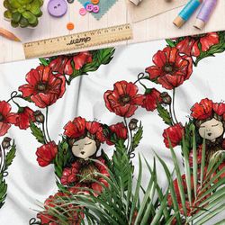 Ткань габардин девочка в маках