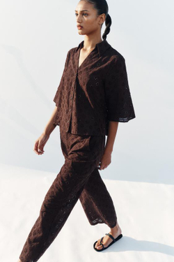 ZARA БРЮКИ-КЮЛОТЫ С АЖУРНОЙ ВЫШИВКОЙ, КОРИЧНЕВЫЙ