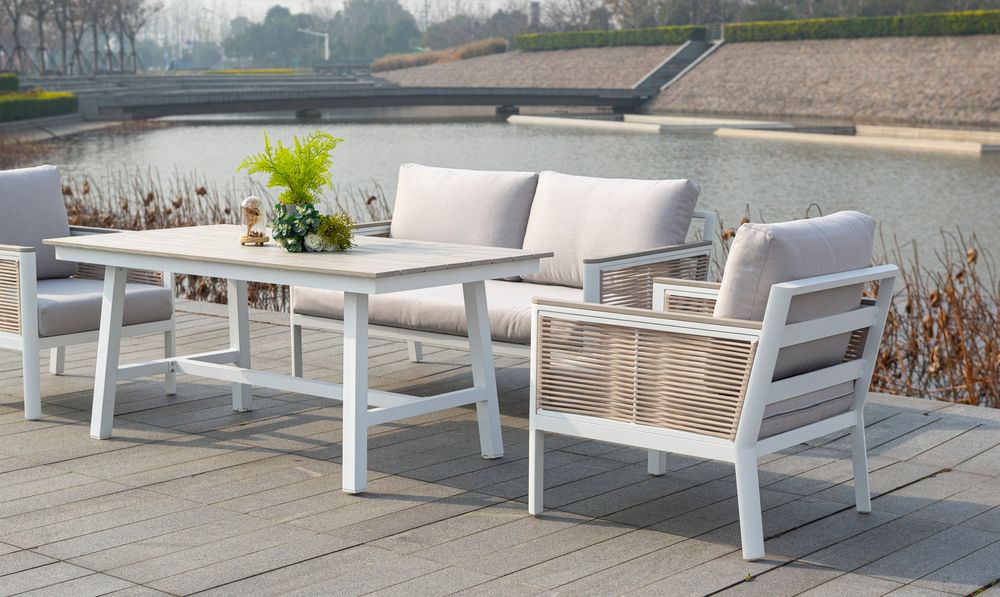 "Сан Ремо" кресло плетеное из роупа садовое, каркас алюминий белый, роуп бежевый, ткань бежевая