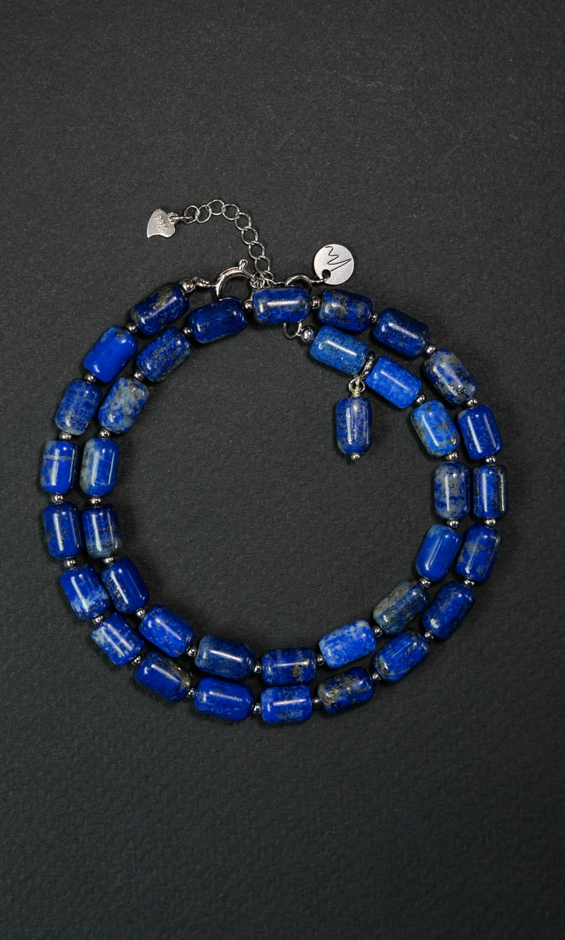 Чокер "Memo about Finance" из цилиндрического лазурита с серебряными бусинами 35 см