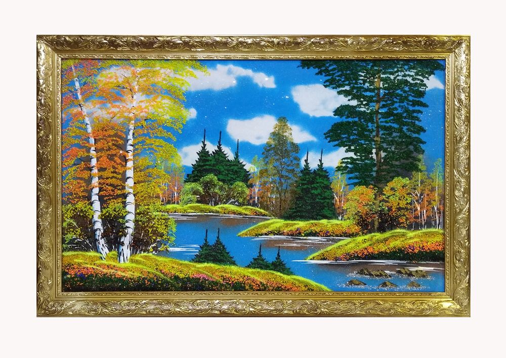 Картина № 8 &quot; Осенний пейзаж&quot; рисованная уральскими минералами в деревянном багете , размер 59-89-2.5см