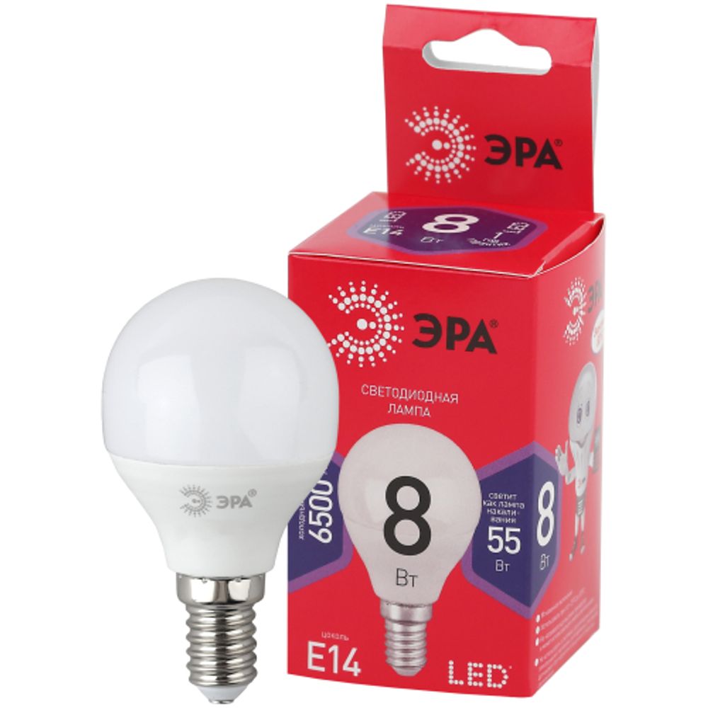 Лампа светодиодная ЭРА RED LINE LED P45-8W-865-E14 R 8Вт шар холодный дневной свет E14 | Лампы cветодиодные Шар (G/P)